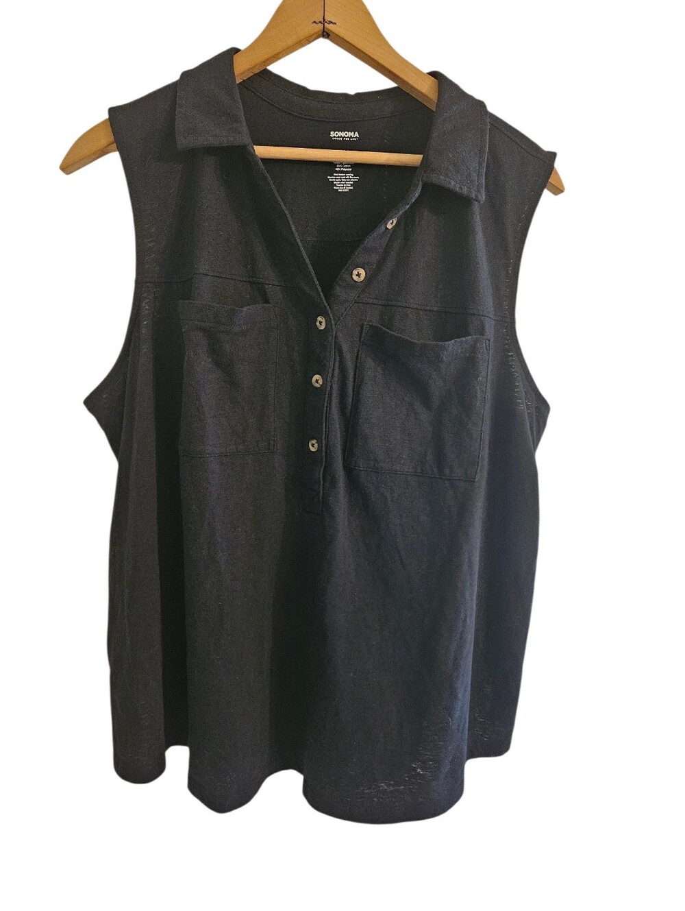 Sonoma Sleeveless Collared Button-Front Black Tank Top Sz 1X
